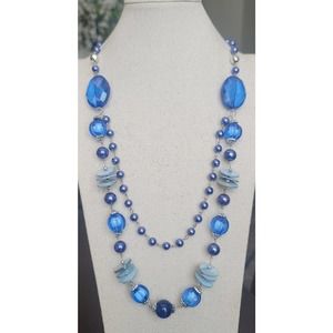 Shades of Blue Acrylic and Silver Multi Size Beaded Necklace 31"